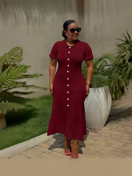 Maroon knit midi dress with short sleeves and vertical button front.