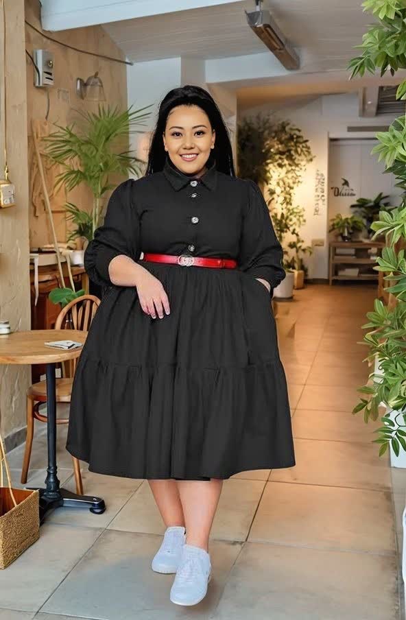 Plus size tiered midi dress in black, button front, long sleeves, belted waist