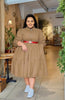 Plus size tiered midi dress in tan, button front, long sleeves, belted waist