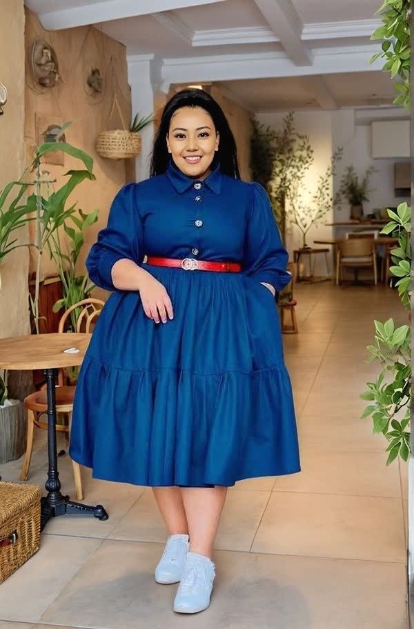 Plus size tiered midi dress, blue with button front and wide belt