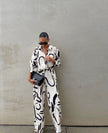 Abstract print twin set: button-up shirt and wide-leg pants, relaxed fit
