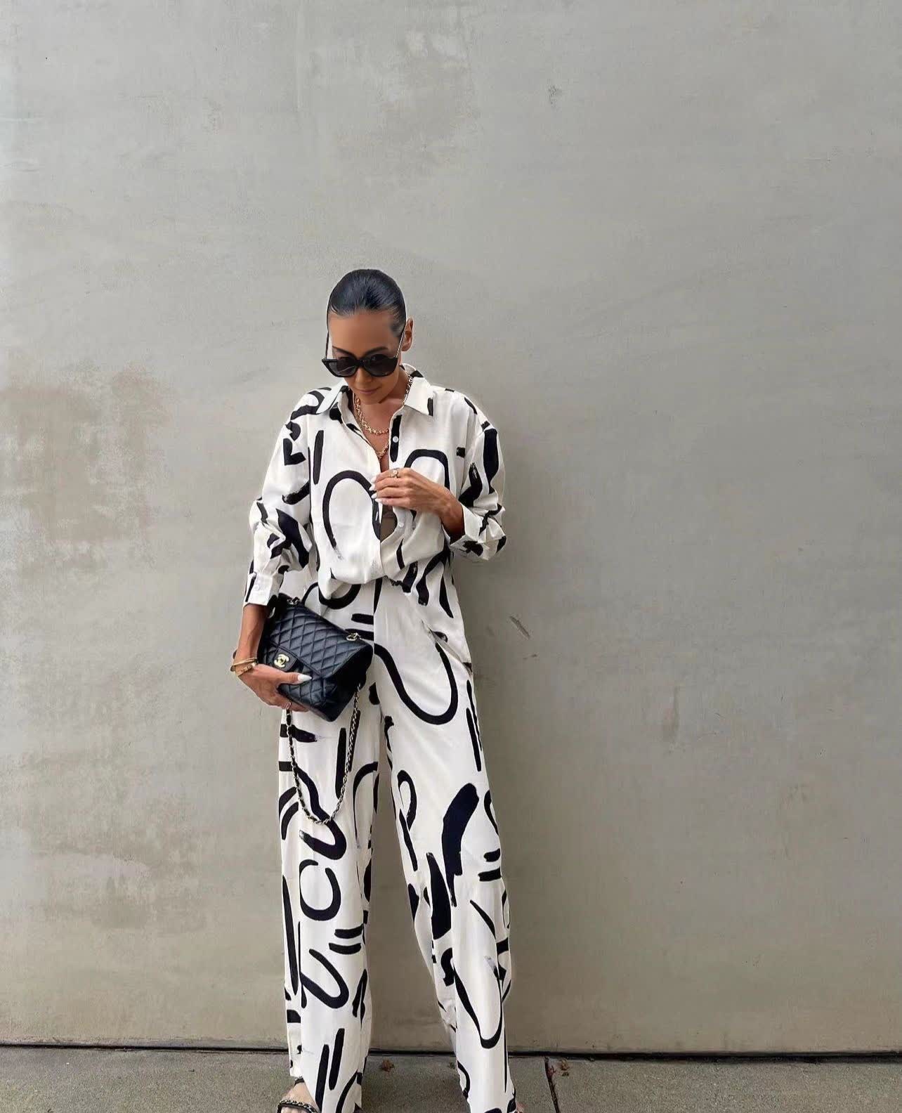 Abstract print twin set: button-up shirt and wide-leg pants, relaxed fit
