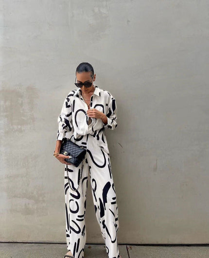 Abstract print twin set: button-up shirt and wide-leg pants, relaxed fit