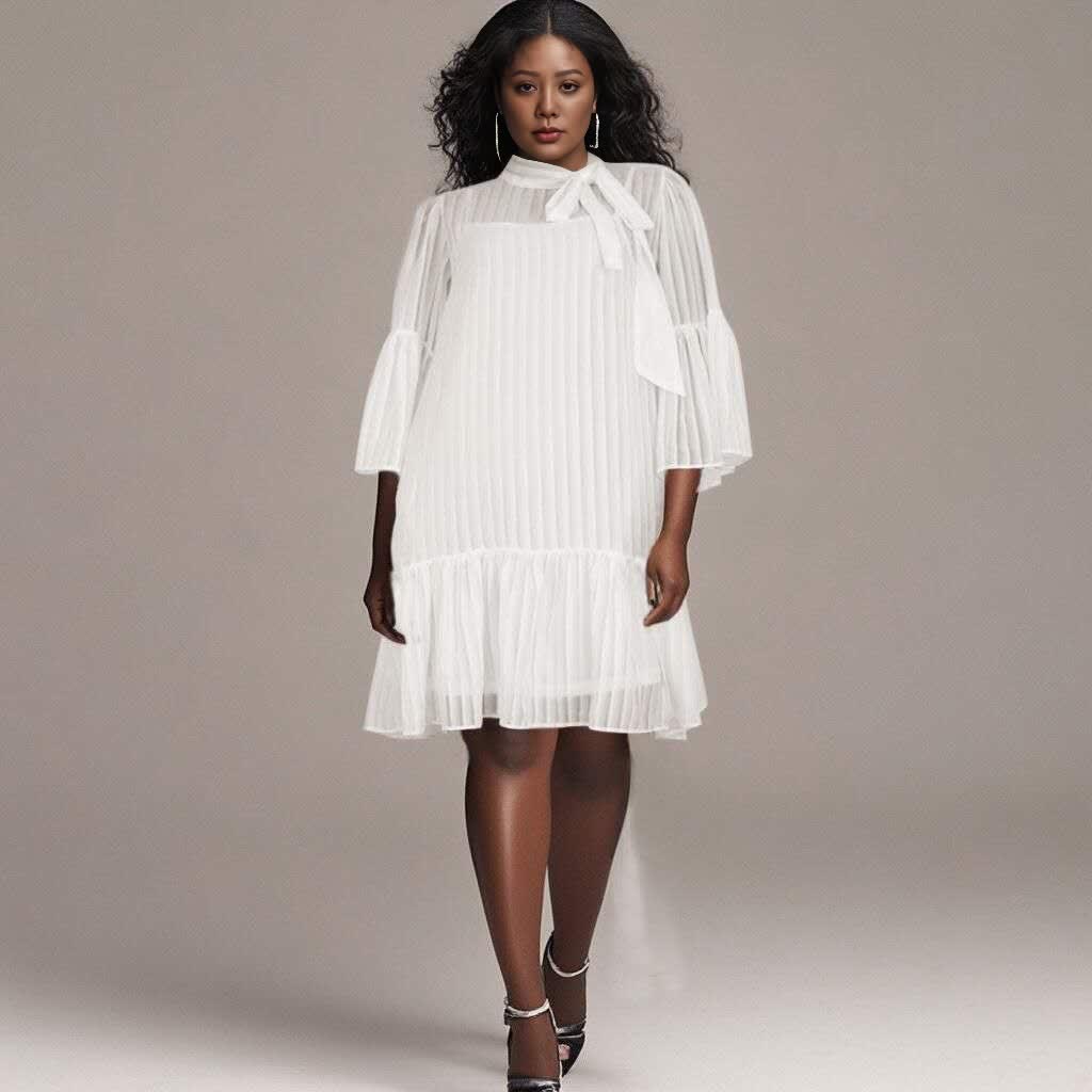 Women's Pleated Ruffle Hem Long Sleeve Midi Dress