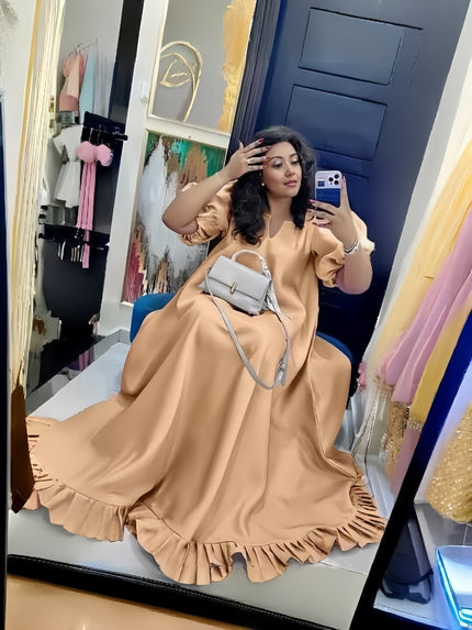 Tan puff-sleeve ruffle maxi dress, relaxed fit, gathered flared hem