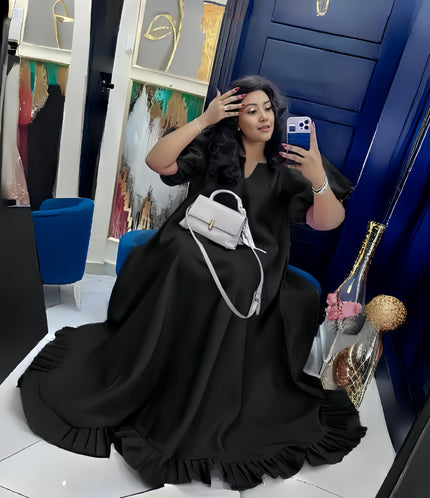 Black puff-sleeve ruffle maxi dress, relaxed fit, gathered flared skirt