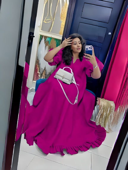 Deep-pink puff-sleeve ruffle maxi dress, relaxed fit, flared ruffle hem