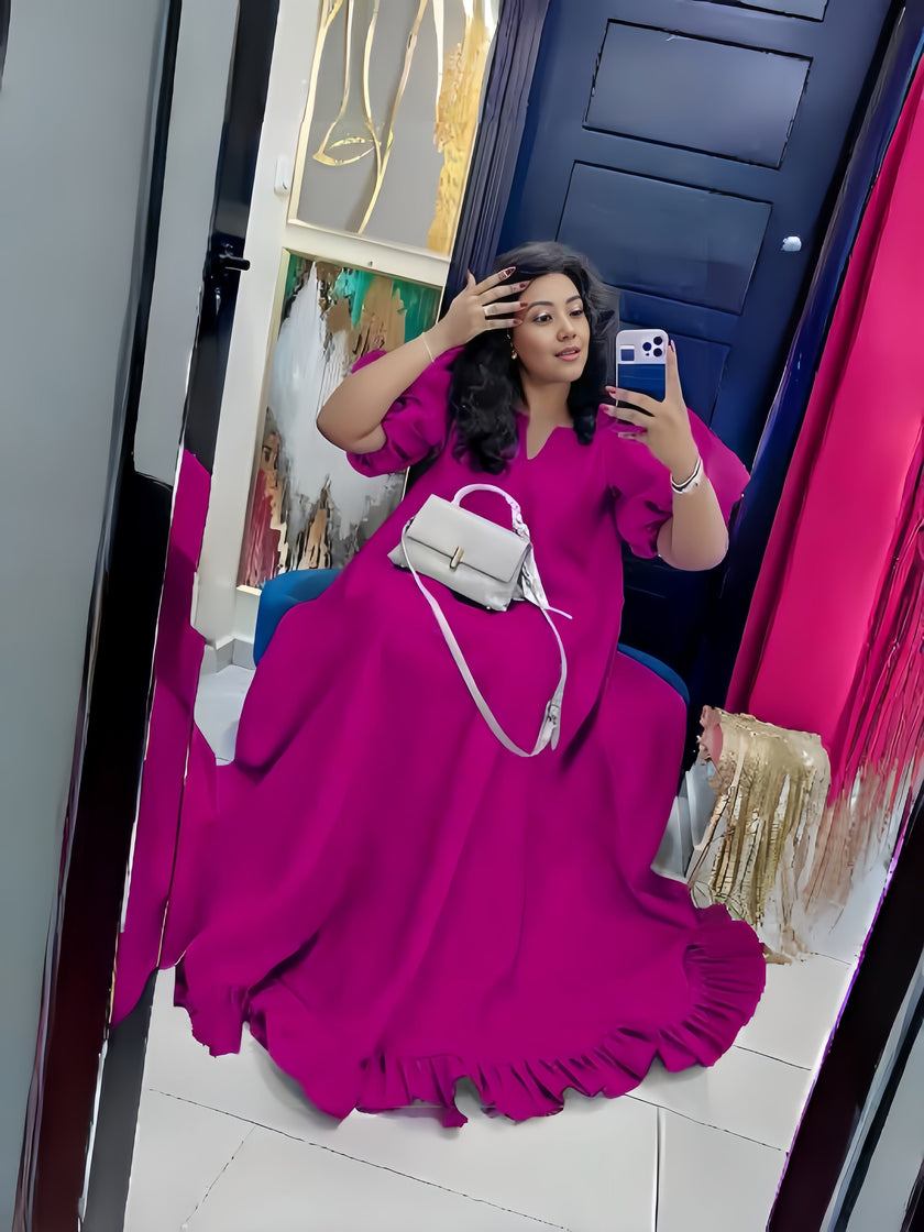 Deep-pink puff-sleeve ruffle maxi dress, relaxed fit, flared ruffle hem