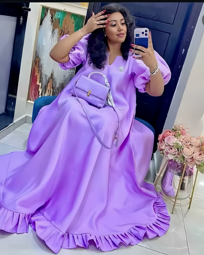 Light-purple puff-sleeve ruffle maxi dress, relaxed fit, flared ruffle hem