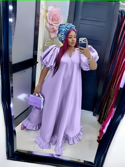 Lavender puff-sleeve ruffle maxi dress, relaxed fit, tiered flared hem