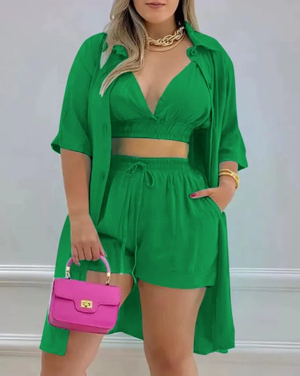 Green three-piece twin set with button-front crop top, drawstring shorts, open shirt