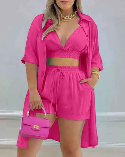 Deep pink three-piece twin set with button-front crop top, drawstring shorts, open shirt