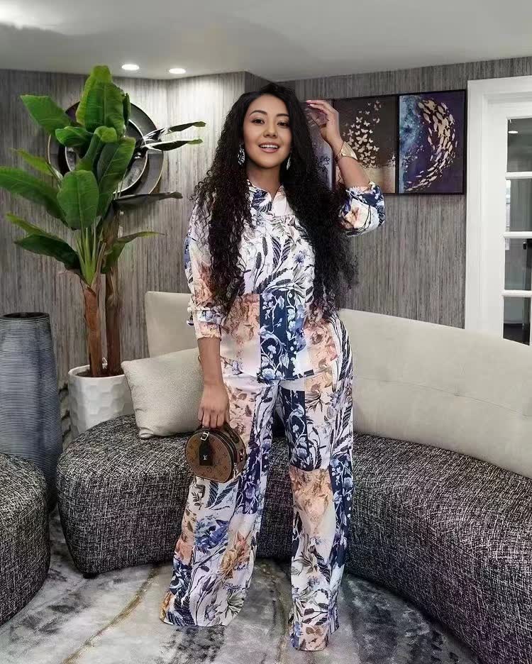 Floral printed twin set with matching top and long trousers