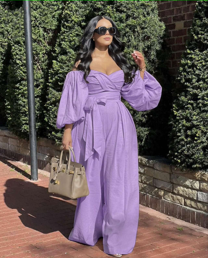 Light-purple off-shoulder puff sleeve jumpsuit with wide legs and gathered waist