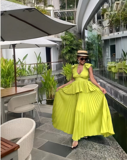 Lime maxi dress with puff sleeves and tiered ruffle skirt