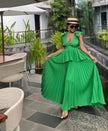 Lime-green maxi dress with puff sleeves and tiered ruffle layers