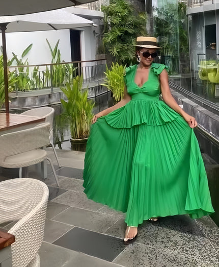 Lime-green maxi dress with puff sleeves and tiered ruffle layers