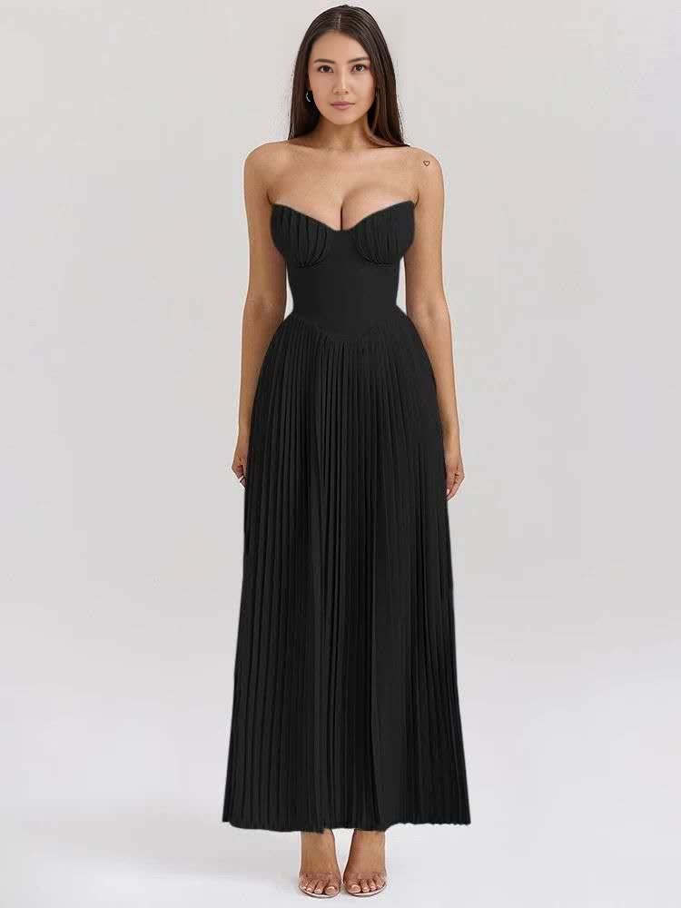 Black strapless pleated maxi dress with sweetheart neckline and gathered bodice