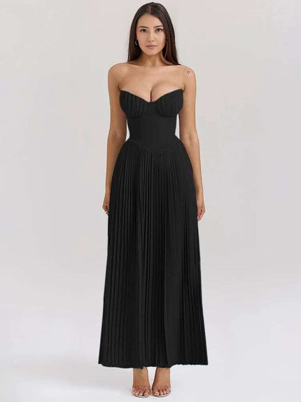 Black strapless pleated maxi dress with sweetheart neckline and gathered bodice