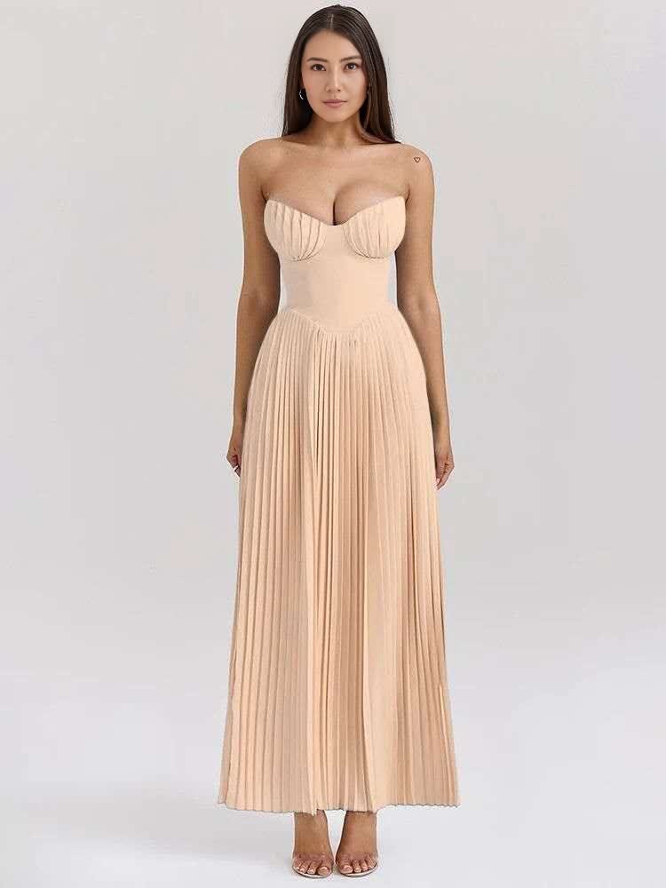 Beige strapless pleated maxi dress with sweetheart neckline and smocked bust