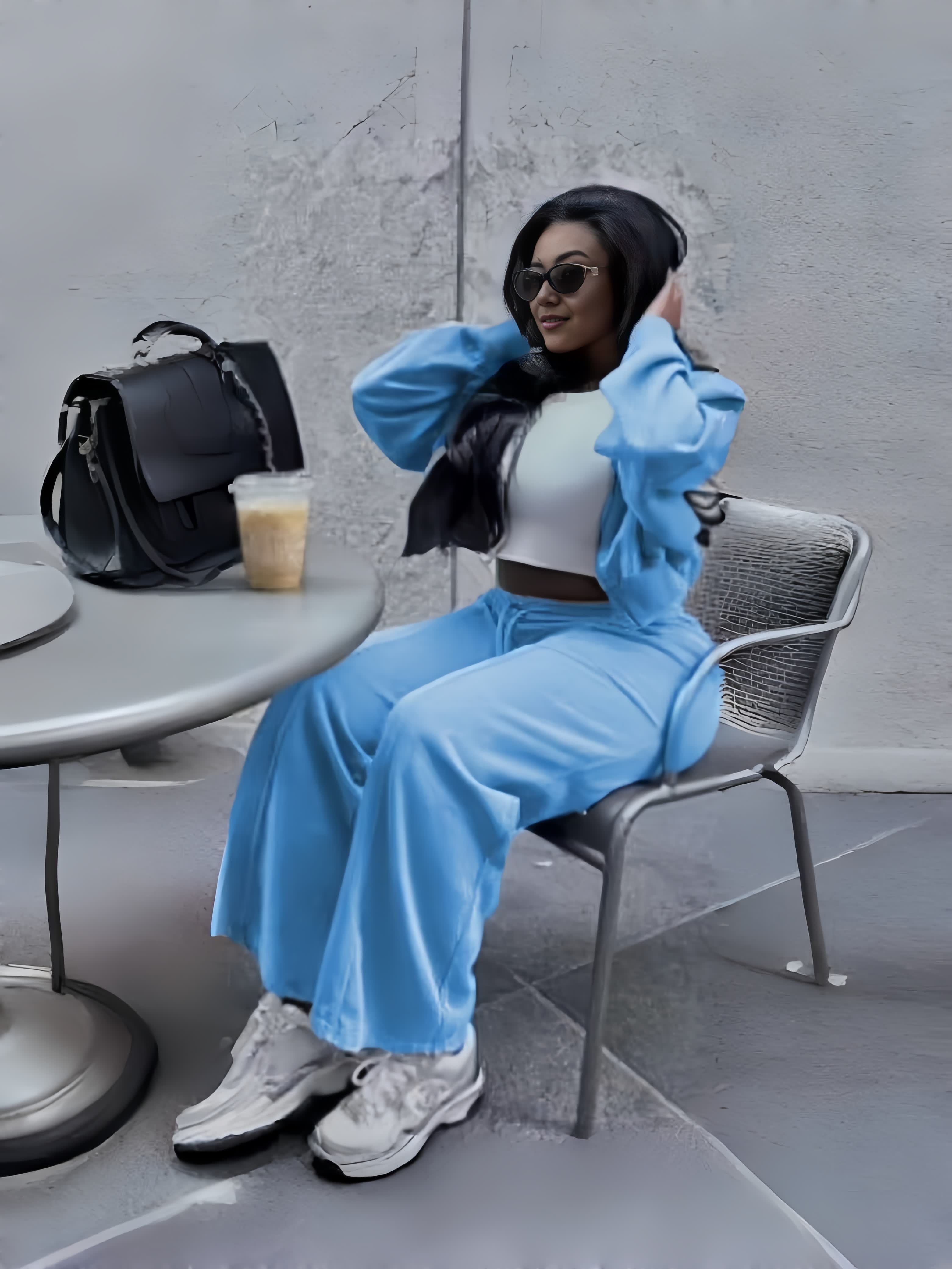 Sky-blue zip jacket and tapered pants loungewear set