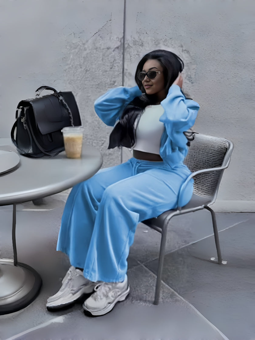 Sky-blue zip jacket and tapered pants loungewear set