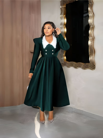 Dark green midi dress with contrast white collar, long sleeves, and buttoned bodice