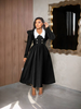 Vintage Double-Breasted Long Sleeve Midi Dress with Contrast Lapel