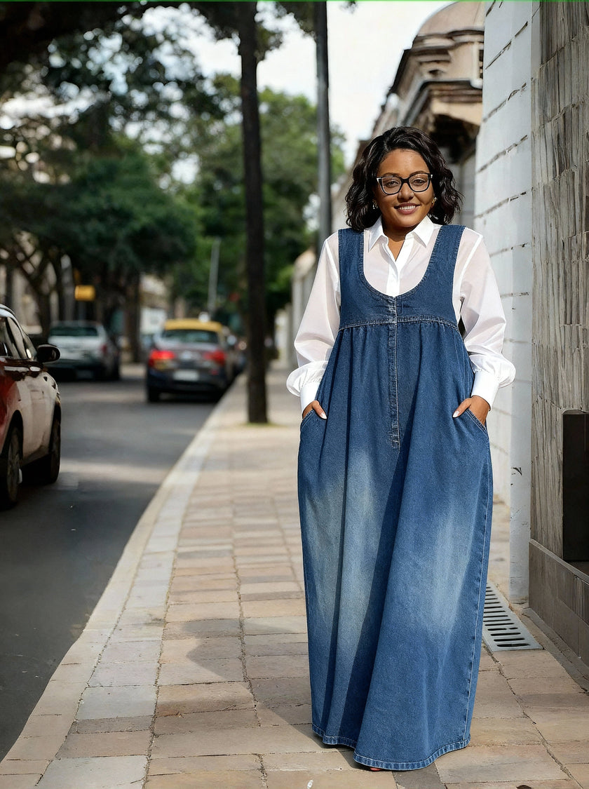 Sleeveless denim maxi dress with front bib panel and side pockets
