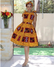 Ruffle puff-sleeve midi dress with yellow-orange patterned fabric and round neckline