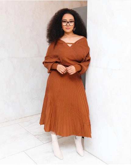 Knit top and pleated midi skirt set in rust brown, V-neck long sleeves