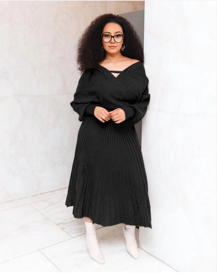 Knit top and pleated midi skirt set in black, V-neck long sleeves