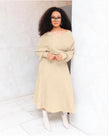 Knit top and pleated midi skirt set in beige, V-neck long sleeves