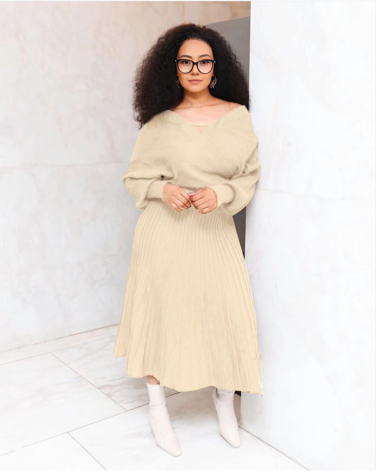 Knit top and pleated midi skirt set in beige, V-neck long sleeves