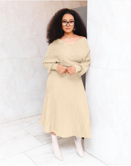 Knit top and pleated midi skirt set in beige, V-neck long sleeves