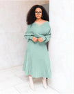 Knit top and pleated midi skirt set in aquamarine, V-neck long sleeves