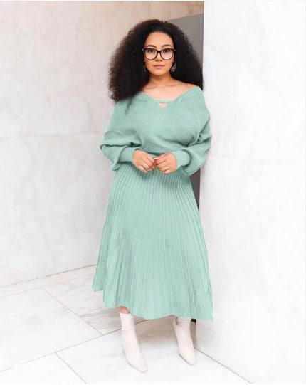 Knit top and pleated midi skirt set in aquamarine, V-neck long sleeves