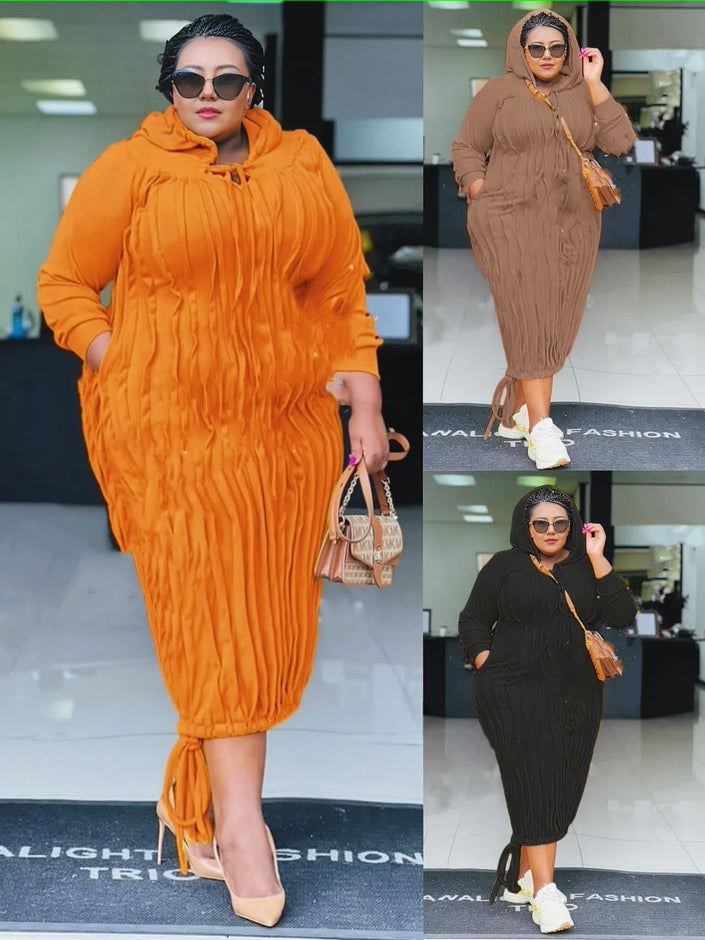 Orange pleated midi dress with hood and drawstring hem, long sleeves
