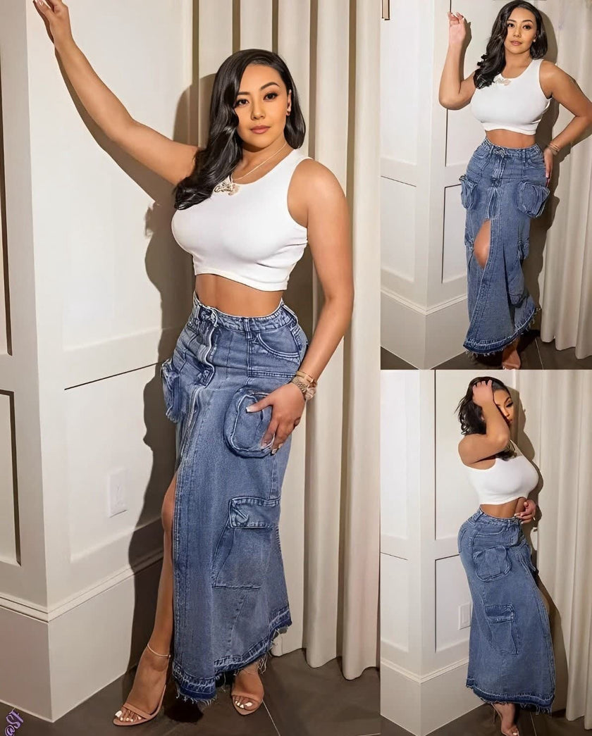 Denim midi skirt with high front slit and large cargo pockets