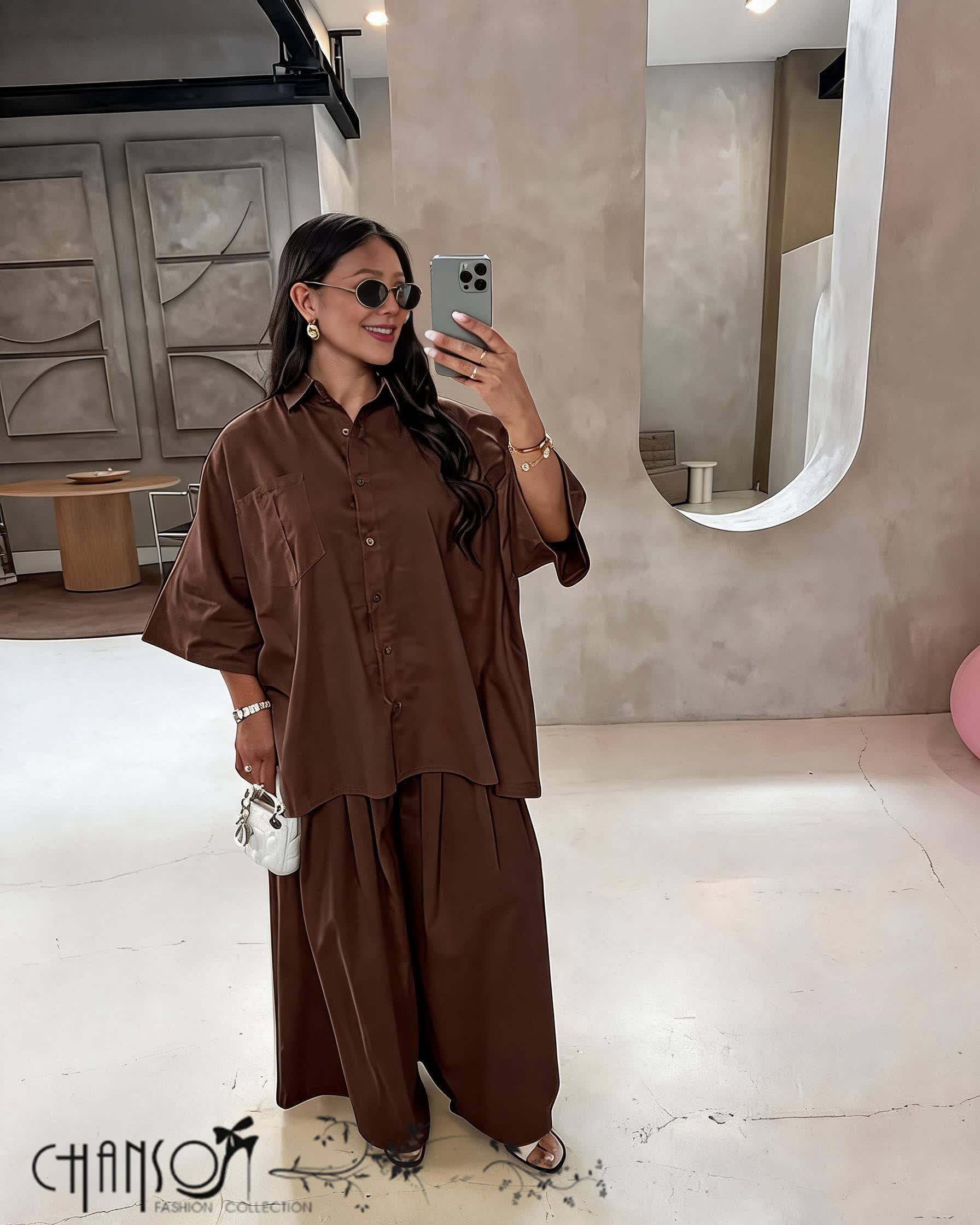 Women's oversized button down shirt and wide leg pants casual two piece set - view 3