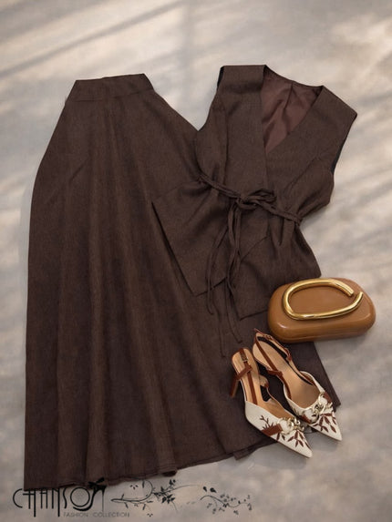 Brown V-neck sleeveless vest with tie waist A-line midi skirt set