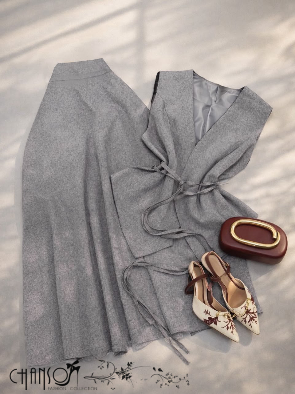 Vest Skirt Set V Neck Sleeveless Tie Waist Vest High Waist A Line Midi Skirt Solid For Work Business Gathering