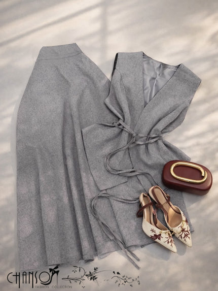 Grey V-neck sleeveless vest with tie waist A-line midi skirt set