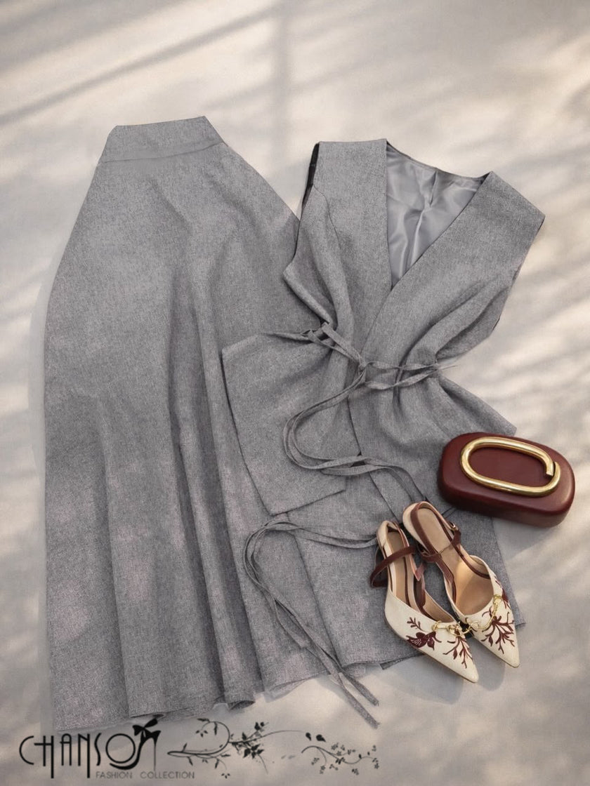 Vest Skirt Set V Neck Sleeveless Tie Waist Vest High Waist A Line Midi Skirt Solid For Work Business Gathering