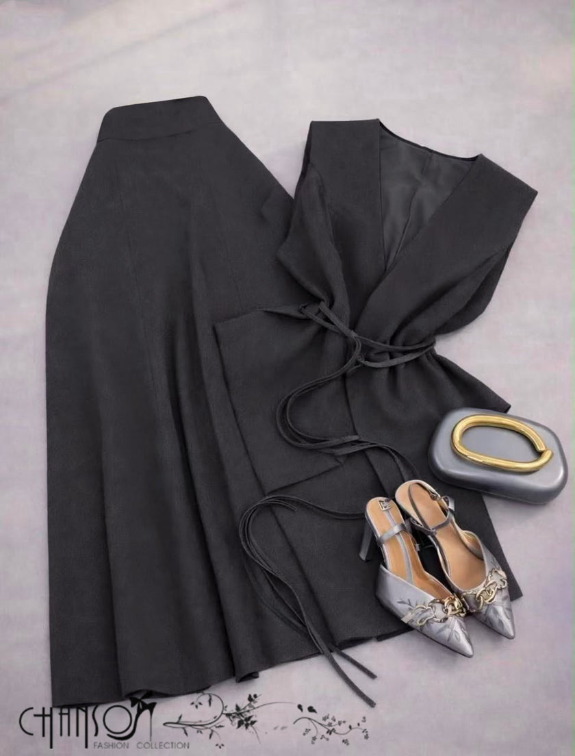 Vest Skirt Set V Neck Sleeveless Tie Waist Vest High Waist A Line Midi Skirt Solid For Work Business Gathering