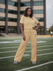 Casual Two-Piece Set with Red Trim｜Short Sleeve Top × Wide-Leg Pants × Chest Embroidery