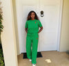 Casual Two-Piece Set with Red Trim｜Short Sleeve Top × Wide-Leg Pants × Chest Embroidery