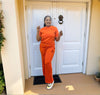 Casual Two-Piece Set with Red Trim｜Short Sleeve Top × Wide-Leg Pants × Chest Embroidery
