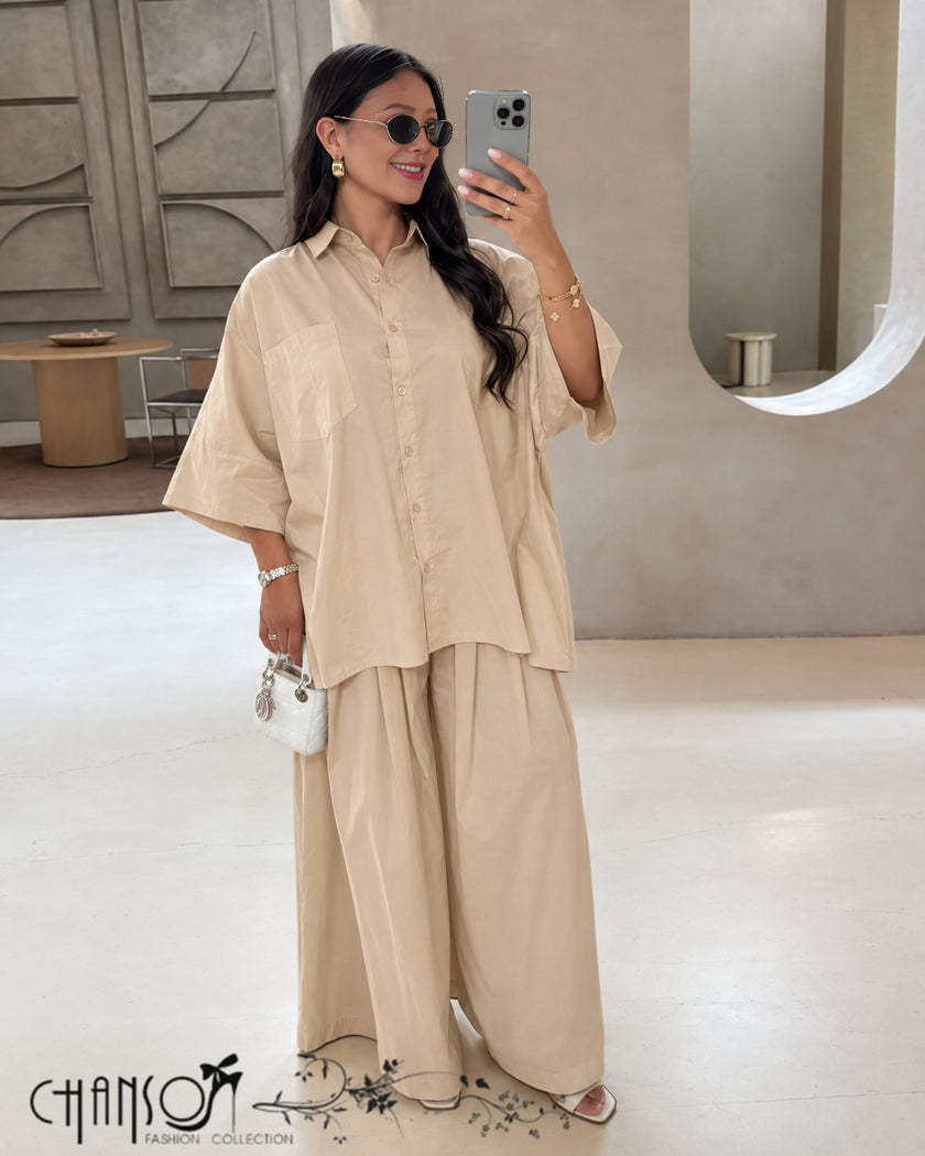 Women's oversized button down shirt and wide leg pants casual two piece set - view 4