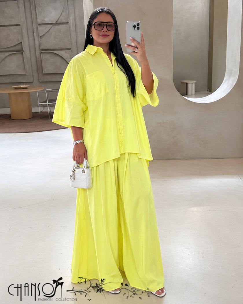 Women's oversized button down shirt and wide leg pants casual two piece set - view 1